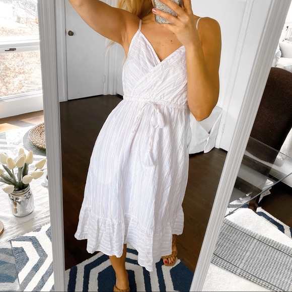 🐚 LOFT WHITE SILVER GOLD THREAD SUMMER RUFFLE MIDI DRESS! - Picture 5 of 13